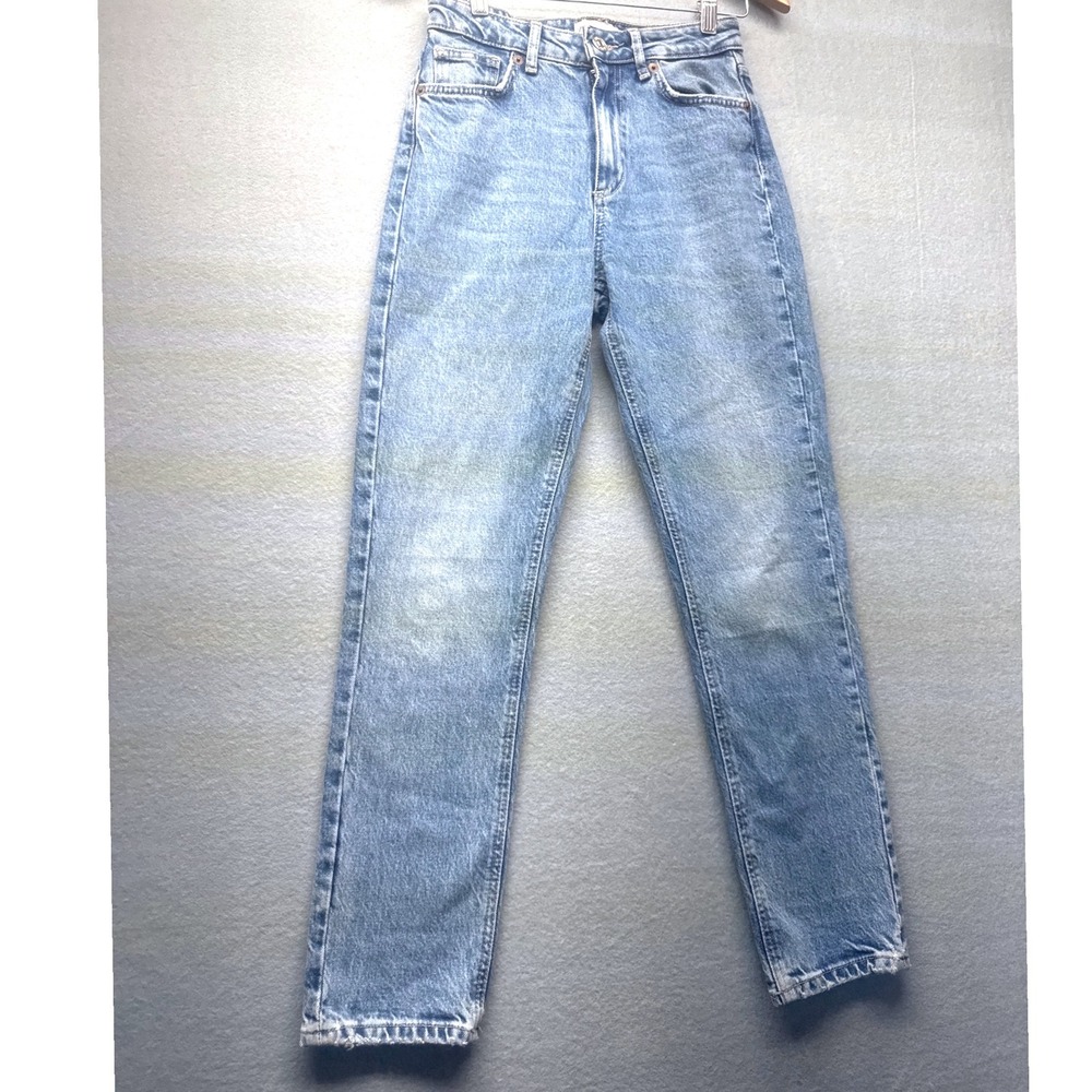 Zara High Waisted Mom Jeans Light Wash Blue Straight Leg Denim Pants‎ Womens 4